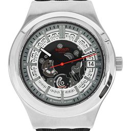 Swatch Unisex Grey Patterned Dial & Black Bracelet Style Straps Water Resistant Analogue Watch YIS431-18