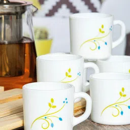 Cello White & Blue Blue Blue Floral Printed Opalware Glossy Cups Set of Cups and Mugs-7