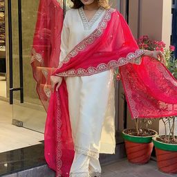 KALINI Floral Embroidered Regular Sequinned Kurta With Trousers & Dupatta-3