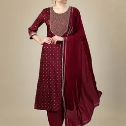 ARADHNA Ethnic Motifs Printed Printed Thread Work Kurta with Trousers & Dupatta-6