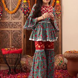 Cherry & Jerry Girls Floral Printed Gotta Patti Pure Cotton A Line Kurti With Sharara-picture-33