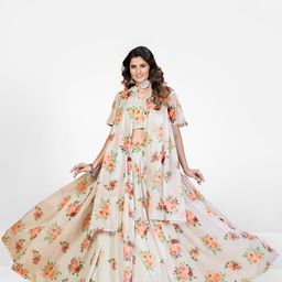 SHOPGARB White & Orange Printed Semi-Stitched Lehenga & Unstitched Blouse With Dupatta-image-57