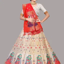 Warthy Ent Women Cream-Coloured & Red Semi-Stitched Lehenga & Blouse With Dupatta-picture-17