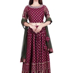 HERE&NOW Maroon & Gold-Toned Printed Ready to Wear Lehenga & Blouse With Dupatta-17