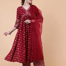 KIMAYRA Floral Printed Anarkali Kurta with Palazzos & With Dupatta-picture-26