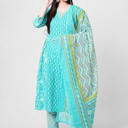 KALINI Floral Printed V-Neck Pure Cotton A-Line Kurta & Palazzos With Dupatta-image-80