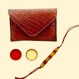 Designer Rakhi with Genuine Leather Card Holder| Gift For Brother Mauli Thread Rakhi, Card Holder Set-17