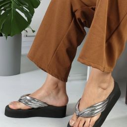Women Women's Metallic Thong Strap Platform Sandal Wedges Sandal-image-3