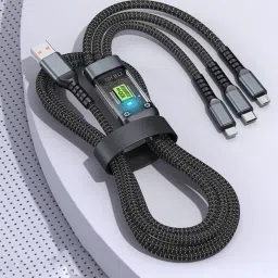 Precizy 3-in-1 Cable 1 m 3 Charging Cable USB 100W USB C Fast Charger Cable with LED Display Cord 3-in-1 USB to Type C/Lightning Connectors VOOC/FLASH/DART/WRAP (Black)-image-65