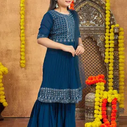 BAESD Girls Embroidered Layered Mirror Work Kurta with Sharara & With Dupatta image 3