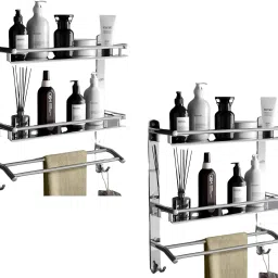 Stainless Steel Double Layer Shelf with Towel Rod Bathroom Shelves Stainless Steel Wall Shelf-12