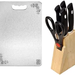 Steel Chopping Cutting Board for Fruits Vegetables Meat Cheese Pizza Breads and Knife Set With Wooden Block And Scissor Kitchen Tool Set-image-4