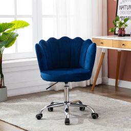 Modern Crown Chair with Wheels Desk Task Chair Velvet Fabric in Dark Blue Color Acrylic Office Adjustable Arm Chair-image-60