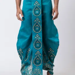 Nakshi Hand Block Print Dupion Dhoti / Weadding Dhoti / Redy to wear Solid Men Dhoti-0