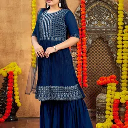 BAESD Girls Embroidered Layered Mirror Work Kurta with Sharara & With Dupatta image 2