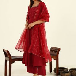 FIORRA Ethnic Motifs Embroidered Regular Sequinned A-Line Kurta with Trousers & Dupatta image 2