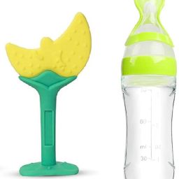 Silicone Moon Shape Yellow Soft Teether & Easy Squeezy Spoon FoodFeeder for Baby Teether and Feeder-image-12