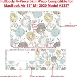 dzazner Fullbody 4 in 1 Precision Cut Laptop Skin Wrap (Top, Bottom, Around Keyboard, Trackpad Protector) Decal Vinyl Sticker Compatible for MacBook Air 13 Inch M1 2020, Model A2337 - Artistic Flowers on White Self Adhesive Vinyl Laptop Decal 13 image 5