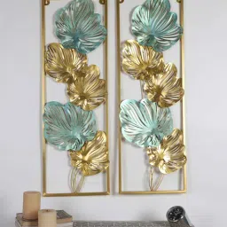 amaya decors Green & Gold Etchiing Leaves Rectangular Wall D cor Set of 2-picture-11