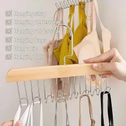 1Pcs Wooden Hanger for Clothes Hanging, Tie Belt Top Bra Hanger with 8 Hooks Wooden Tie Hanger For Tie-image-15