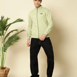 Men Solid Mandarin Neck Light Green Sweater-image-2
