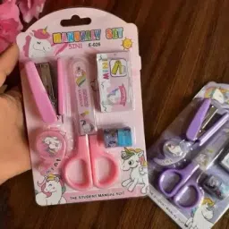 Rock Mini Stationary Scissor Stapler Combo Set Pack With 5 Item (Purple, Pink) Scissors-31