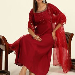 FIORRA Ethnic Motifs Embroidered Regular Sequinned A-Line Kurta with Trousers & Dupatta image 3