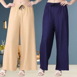 Pack of 2 Women Relaxed Cream, Blue Polyester Trousers-image-28