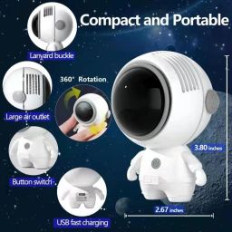 Sampri Mini Handheld Astronaut Leafless Neck Fan With Speed Adjustable Multifunction Foldable Angle With USB Charging And AC Charging Port USB Fan image 2