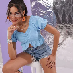 ottavia Party Puff Sleeves Solid Women Blue Top-picture-14