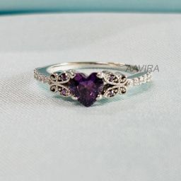 Amethyst & Diamond Heart Engagement Ring Silver Ring-image-44