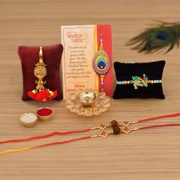 Brass Crystal Diya Oil Lamp with Rakhi Gift Combo Set - Rakhi for Bhaiya Bhabhi - Raksha Bandhan Special Card/Lumba Rakhi/Krishna Rakhi/Om Rudraksh Rakh Brass Gift Box-28