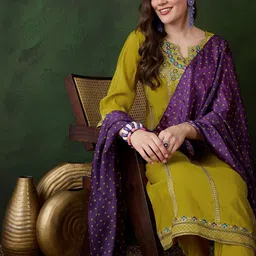 Sangria Mustard Floral Embroidered SequinnedA-Line Kurta With Trouser And Dupatta-image-19