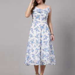 Women Fit and Flare Grey, White, Light Blue Midi/Calf Length Dress-image-89