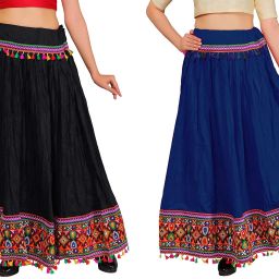 Women Embroidered Regular Black, Blue Skirt-image-3