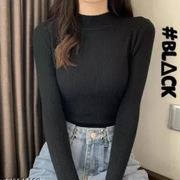 Women Self Design High Neck Wool Blend Black T-Shirt-image-30
