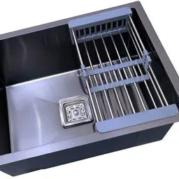 HANDMADE STAINLESS|| 24x18x10 BLACK ||STEEL 304-GRADE SINGLE BOWL KITCHEN SINK (24X18X10 Inch) Square Coupling and Metal Fruit Basket Vessel Sink-image-53