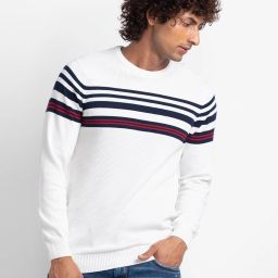 Men Woven Round Neck White Sweater-image-36