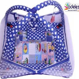ankur creation Cotton Infants Washable Bedding Set with Foldable Mattress, Mosquito Net and Pillow Blue Polka Mosquito Net image 2