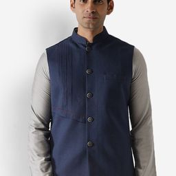 KISAH Men Navy Blue Solid Woven Nehru Jacket-40