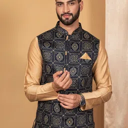 KISAH Men Printed Mandarin Collar Woven Nehru Jacket With Pocket Square-21