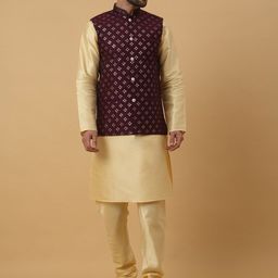 KRAFT INDIA Mandarin Collar Kurta With Churidar & Nehru Jacket-image-64