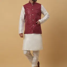 KRAFT INDIA Jacquard Mandarin Collar Straight Kurta & Churidar With Nehru Jacket-image-83
