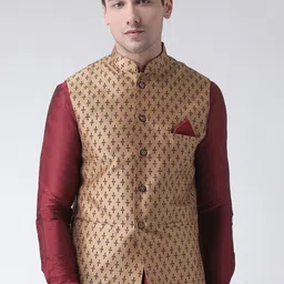 DEYANN Men Gold-colored & Maroon Printed Woven Dupion Silk Nehru Jacket-11