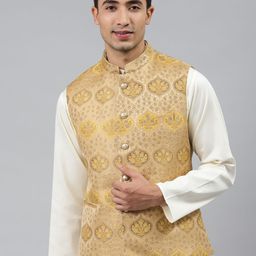 MANQ Men Gold Toned Woven Jaquard Silk Nehru Jacket-33