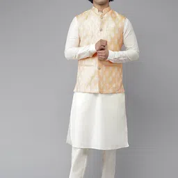 See Designs Men White & Golden Pure Silk Kurta with Pyjamas & Nehru Jacket-picture-47