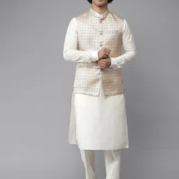 See Designs Men White & Golden Pure Silk Kurta with Pyjamas & Nehru Jacket-picture-43