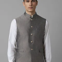 Louis Philippe Slim Fit Woven Design Mandarin Collar Nehru Jacket-11