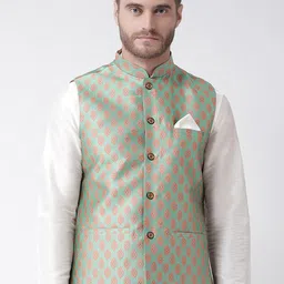 DEYANN Men Green & Peach Woven-Design Ethnic Nehru Jacket-27