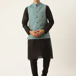SOJANYA Men Black Kurta with Churidar & Nehru Jacket-35